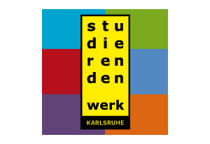 Logo des Studierendenwerks Karlsruhe vor buntem Hintergrund.